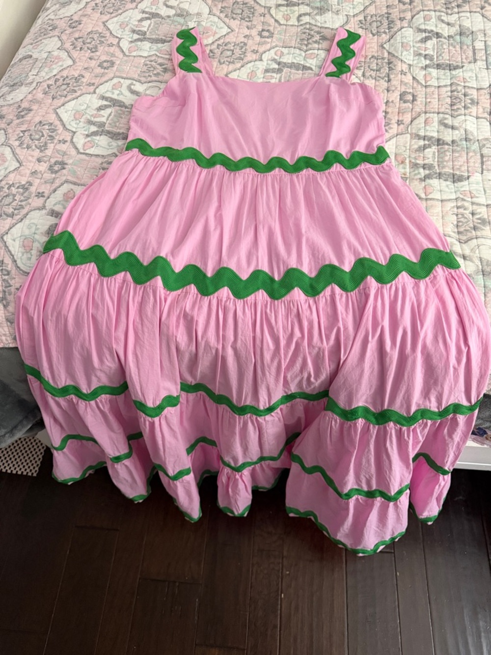 Women's Pink Maxi Dress with Green Trim - Sleeveless Summer Tiered Gown - Picture 7 of 8